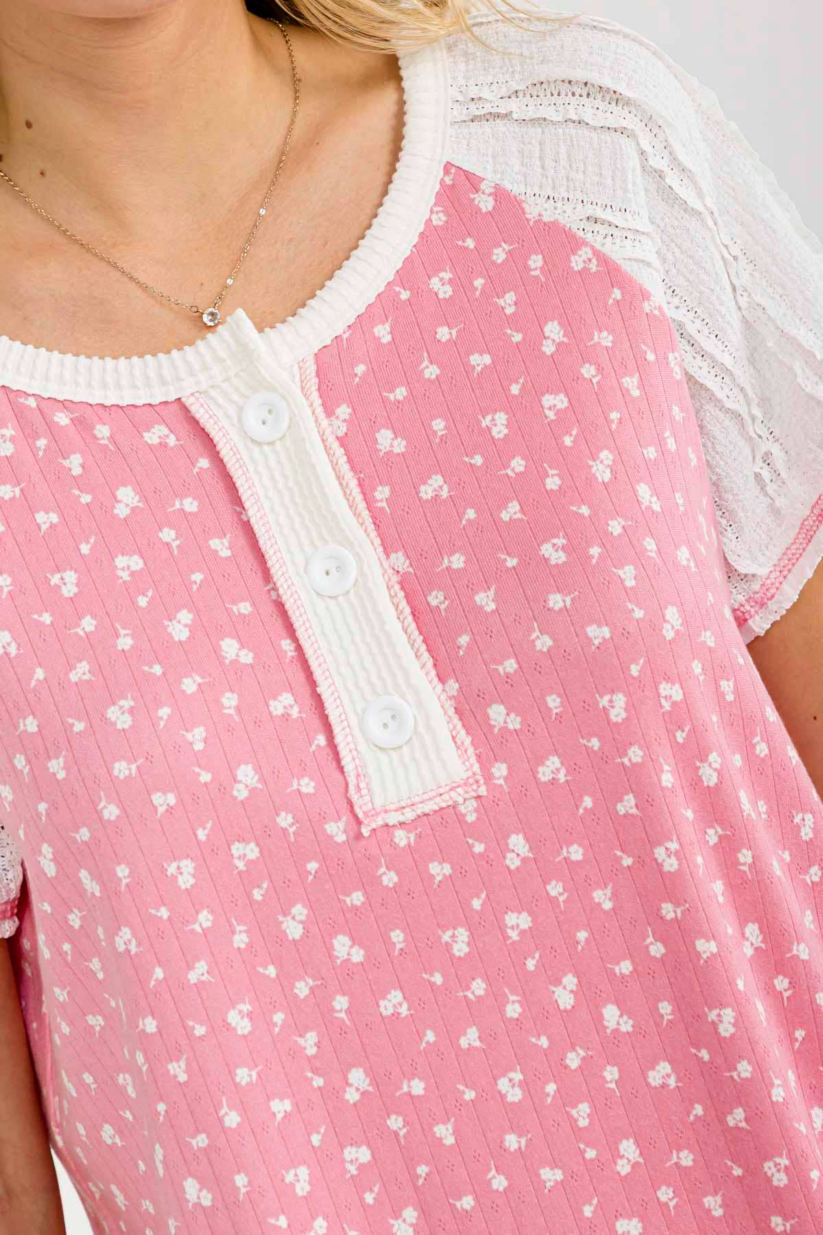 Floral Contrast Sleeve Henley
