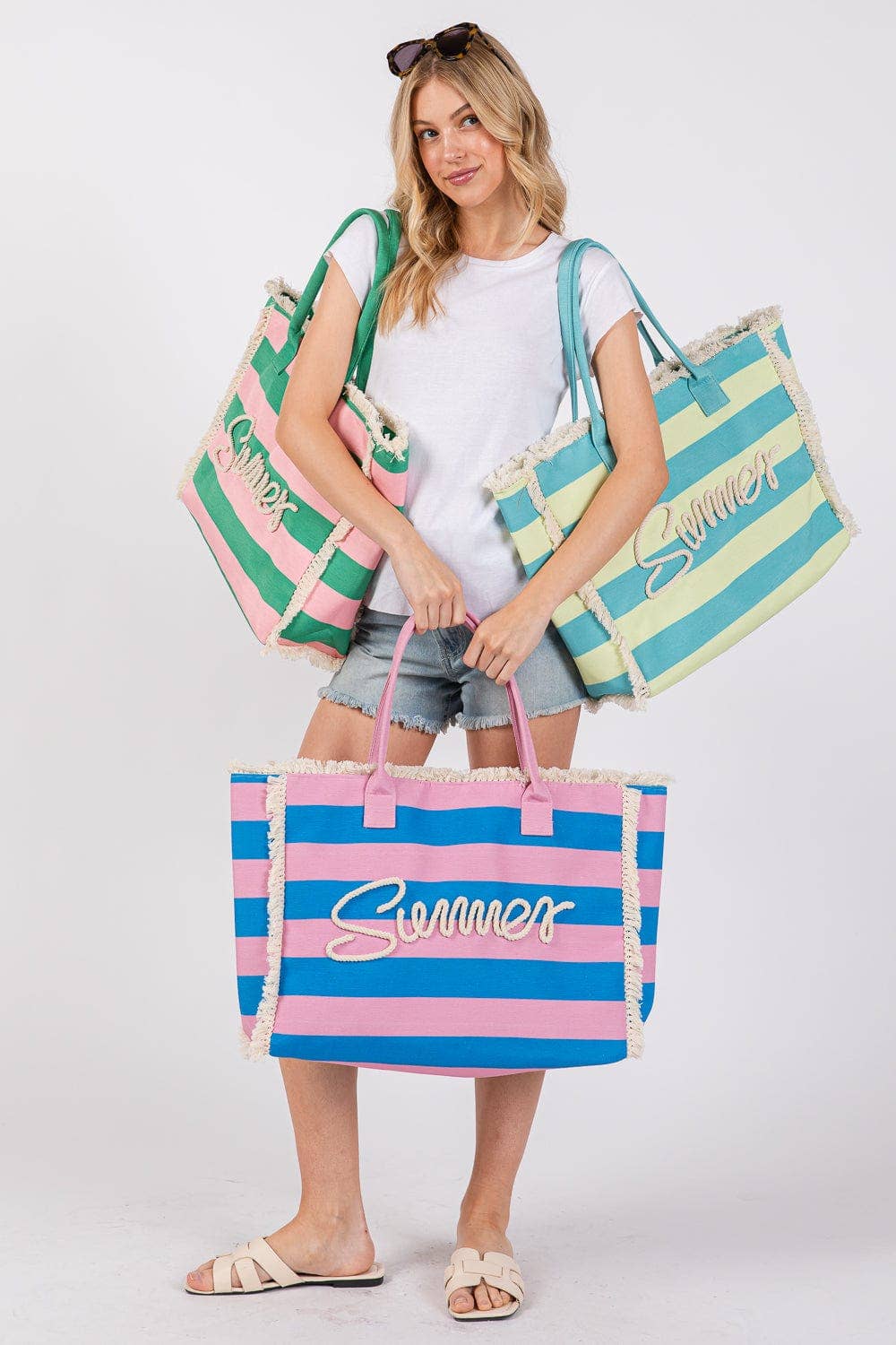 MB0267 Sewn Tope Summer Letter Fringe Striped Tote Bag: Lavender Yellow