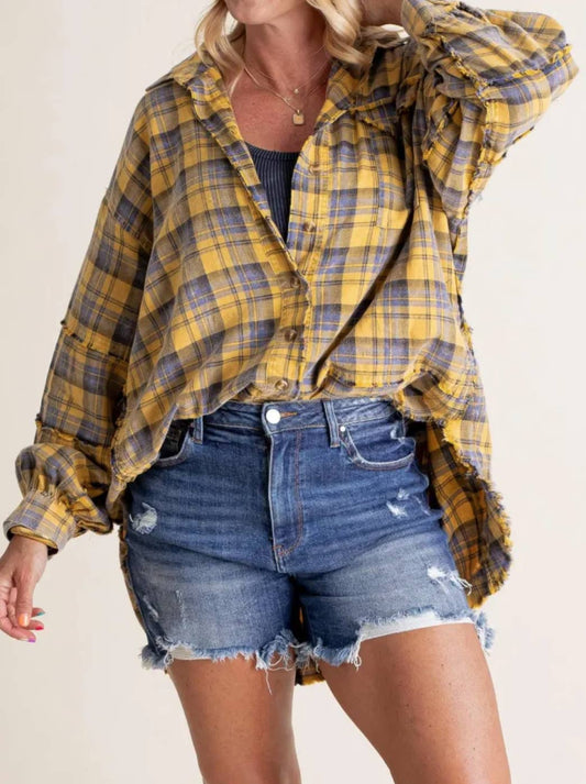 Yellow Oversize Button Down Raw Edge Plaid Shirt