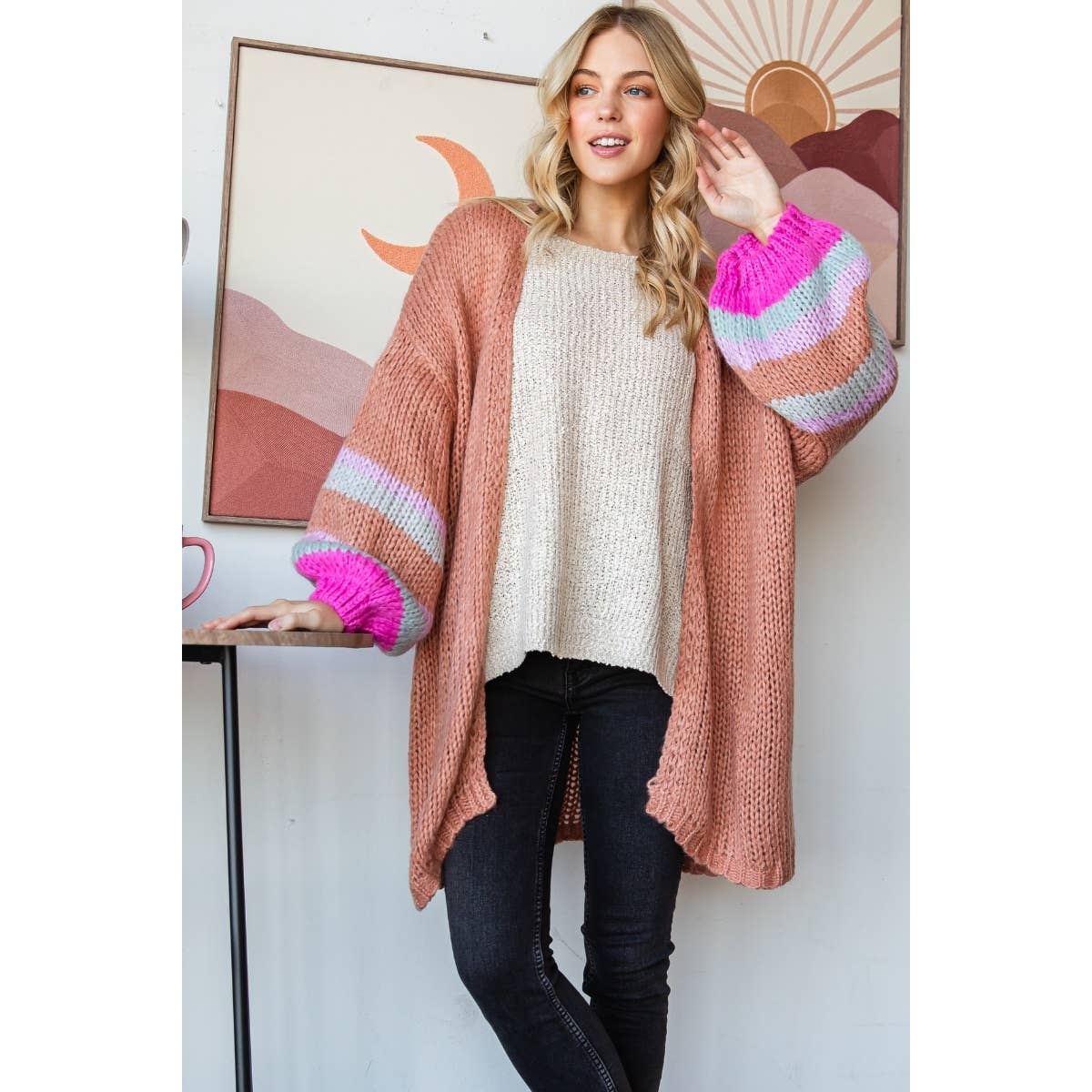 Stripe Sleeve Long Cardigan: Brown