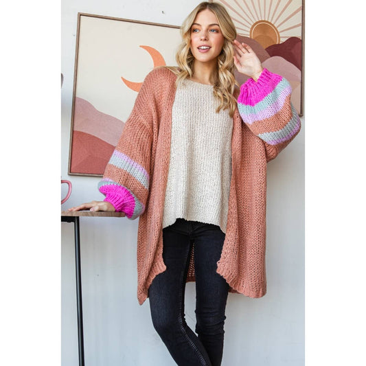 Stripe Sleeve Long Cardigan: Brown