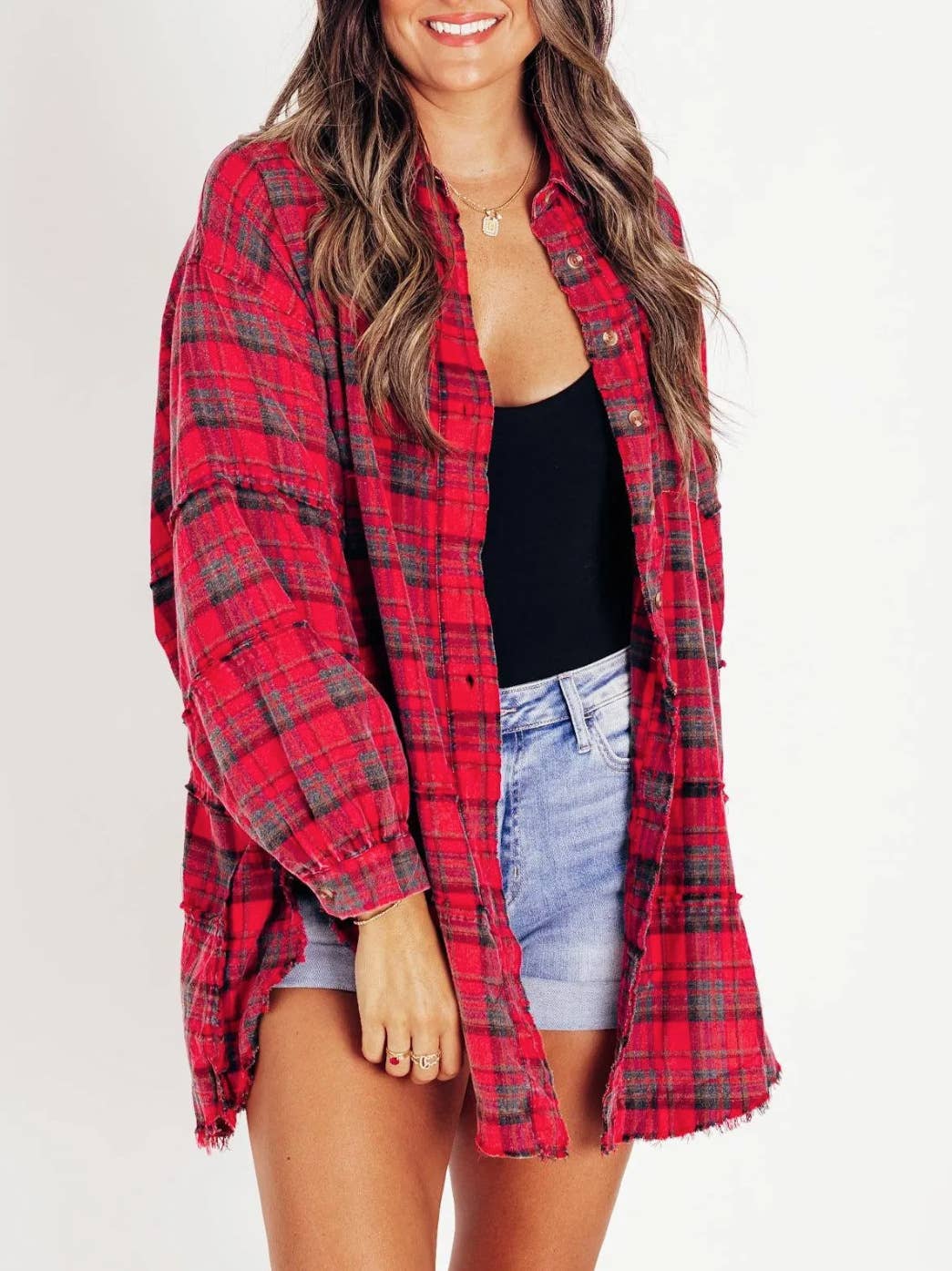 Red Oversize Button Down Raw Edge Plaid Shirt