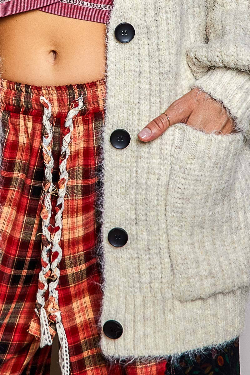 Oversized Ribbed Knit V-Neck Button Pockets Cardigan ALMOND / OS