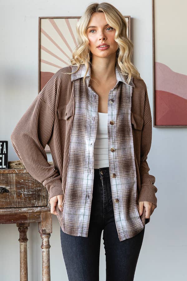 Rib Plaid Contrast Drop Shoulder Button Down Shacket