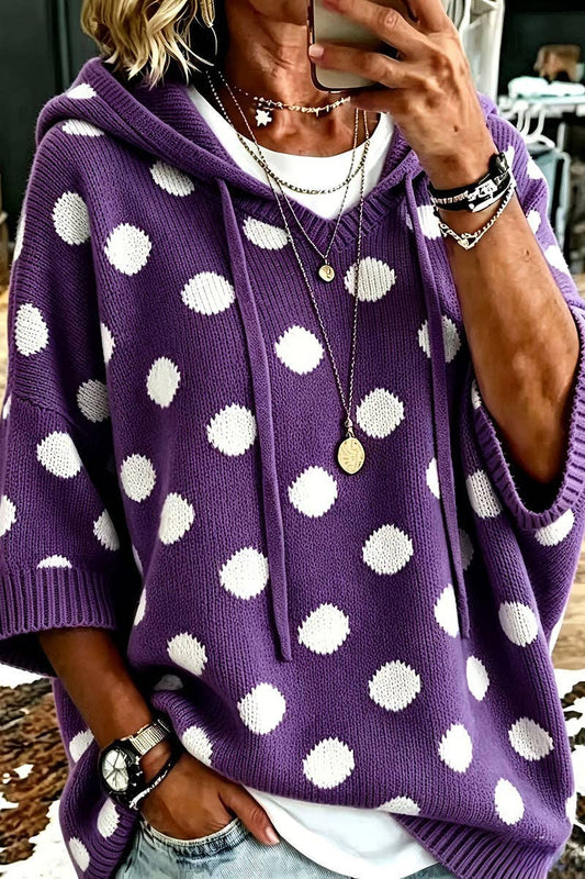 Polka Dot Knit Hooded Poncho Sweater