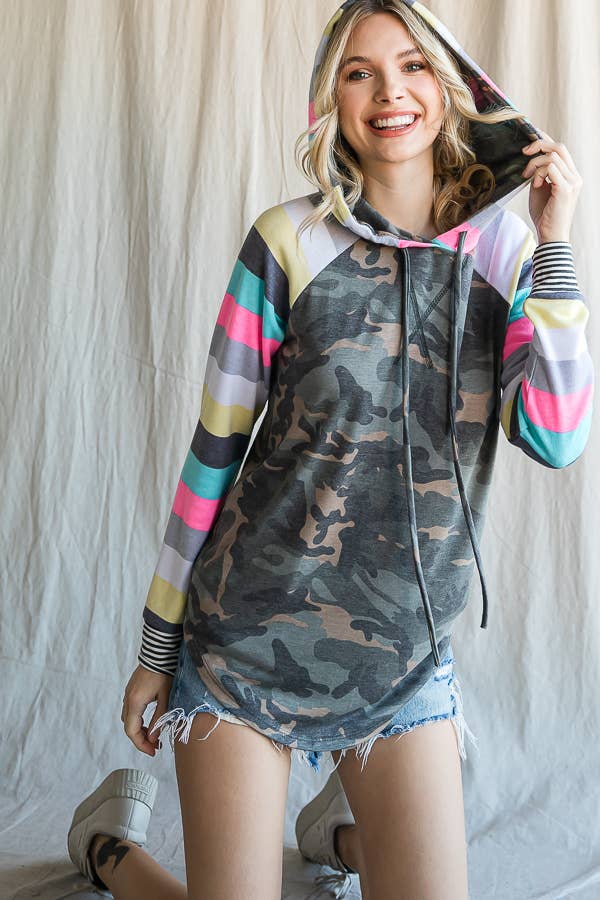 Camo Print Stripe Raglan Sleeve Hoodie