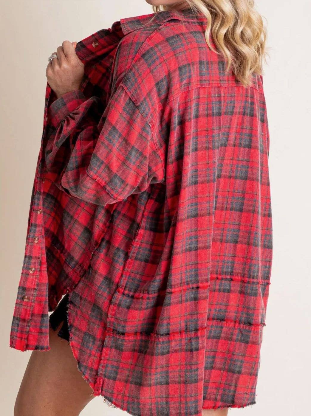 Red Oversize Button Down Raw Edge Plaid Shirt