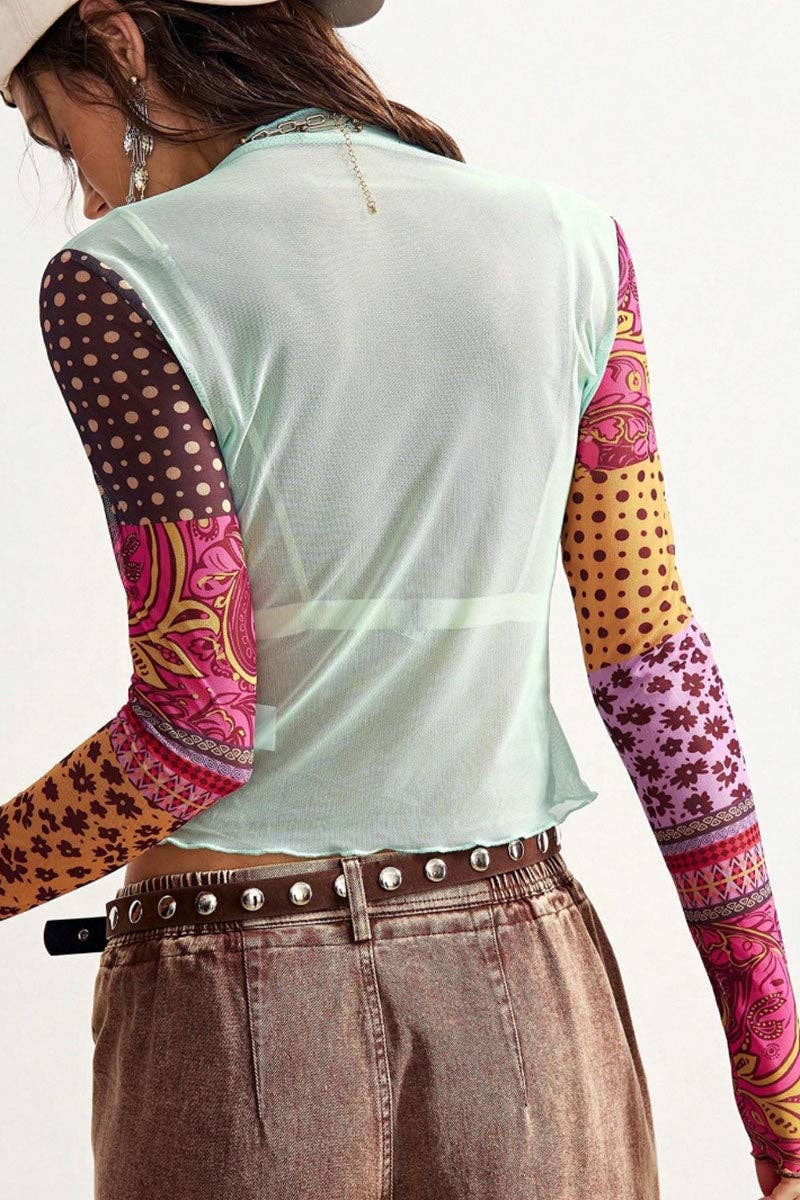 Floral Mixed Pattern Sleeve Top: GREEN / S
