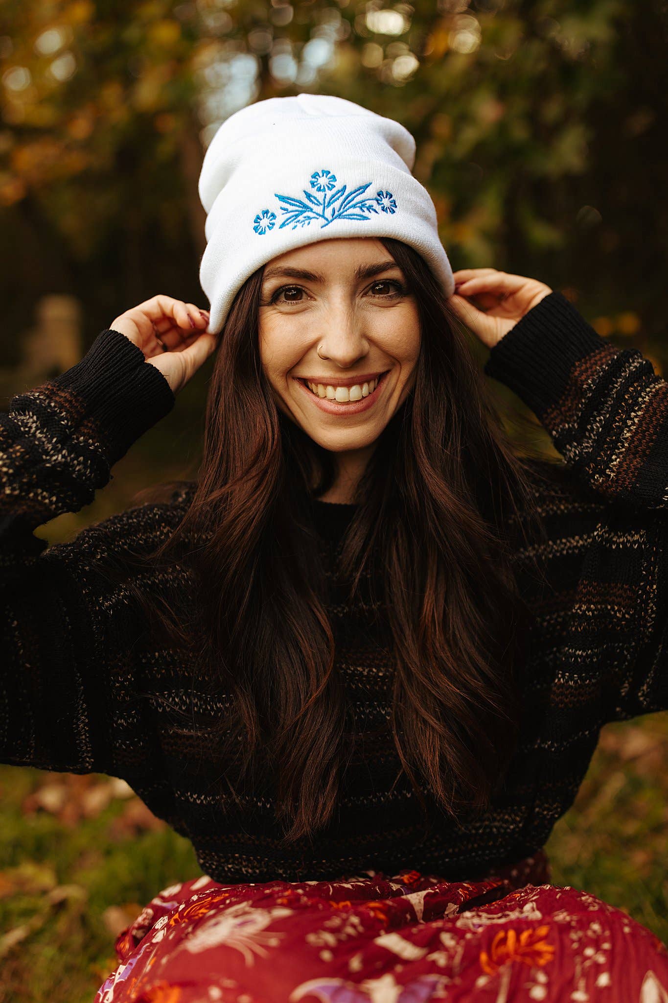 Retro Floral Beanie White