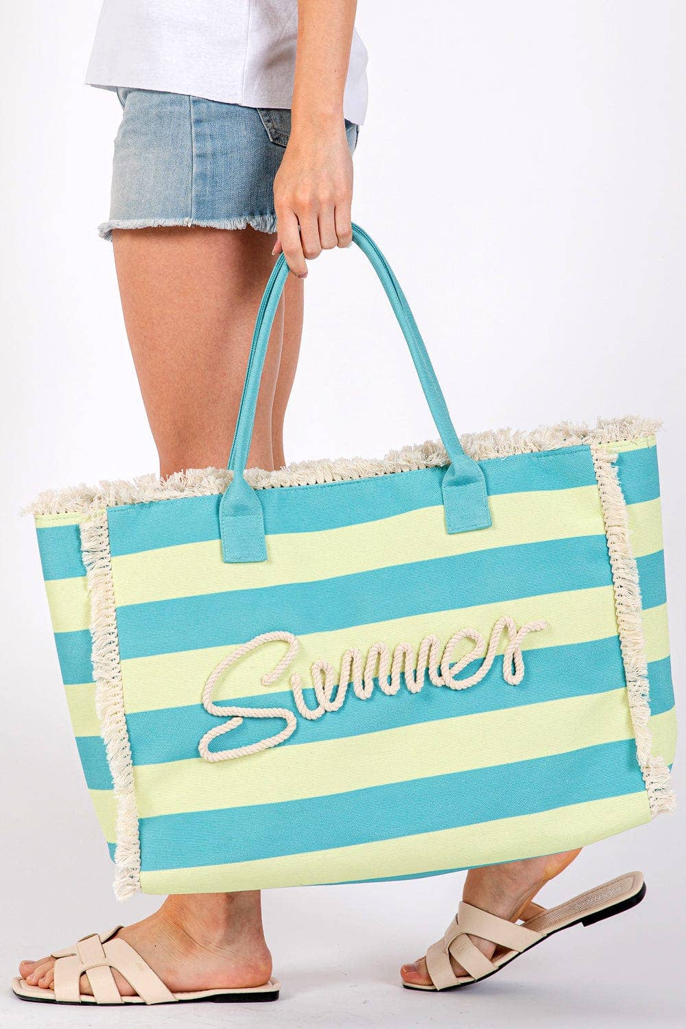 MB0267 Sewn Tope Summer Letter Fringe Striped Tote Bag: Lavender Yellow