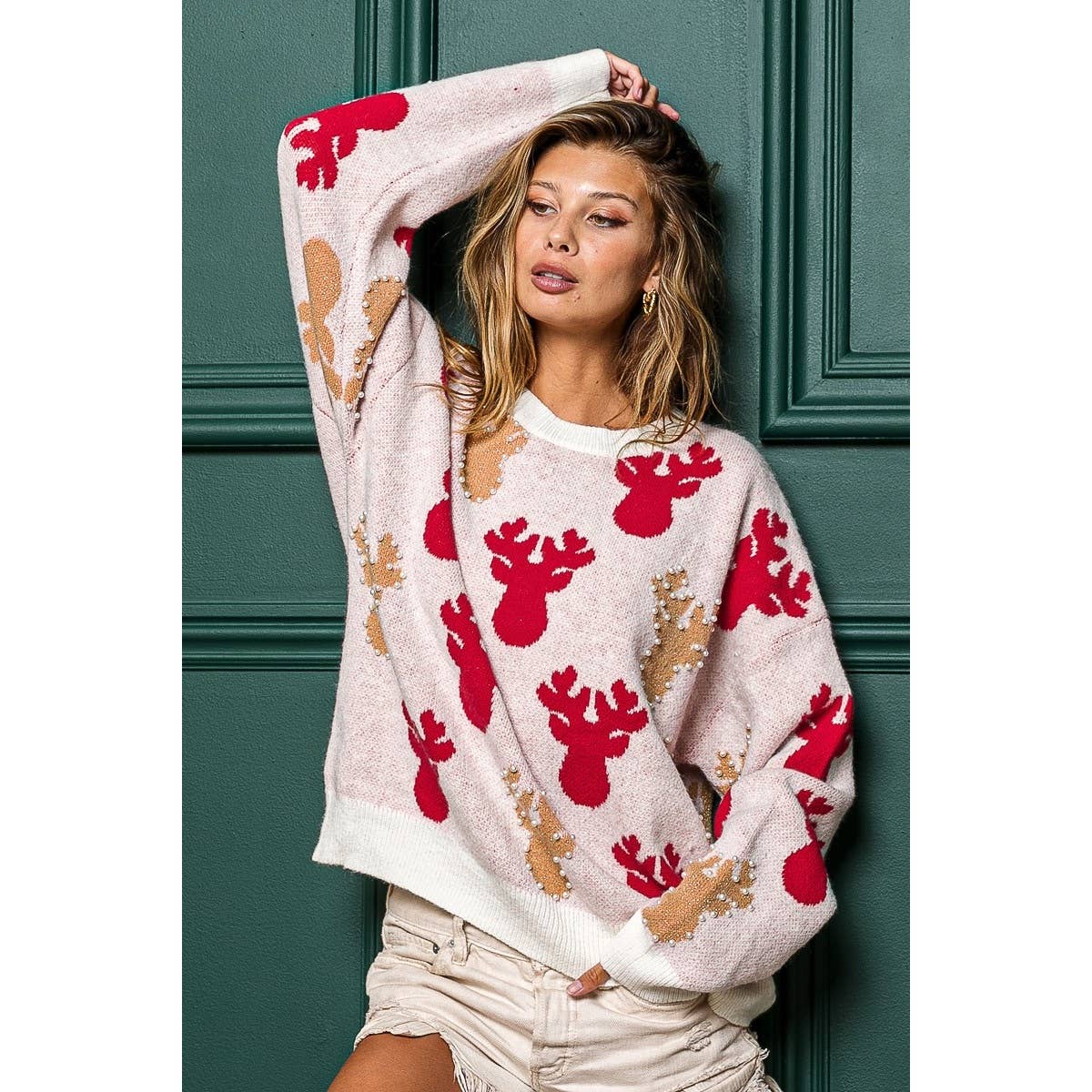 PEARL BEAD RUDOLPH CHRISTMAS SWEATER