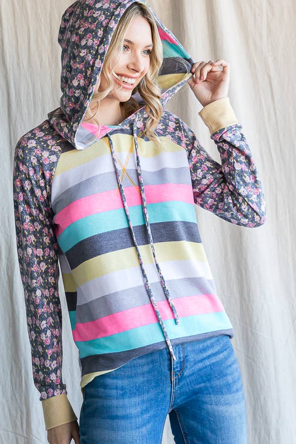 Stripe Floral Raglan Sleeve Hoodie