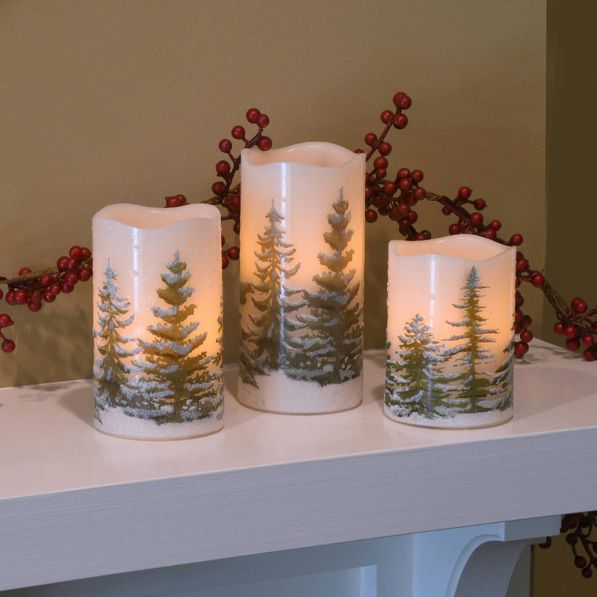 Battery Candle Green Pines - Set of 3