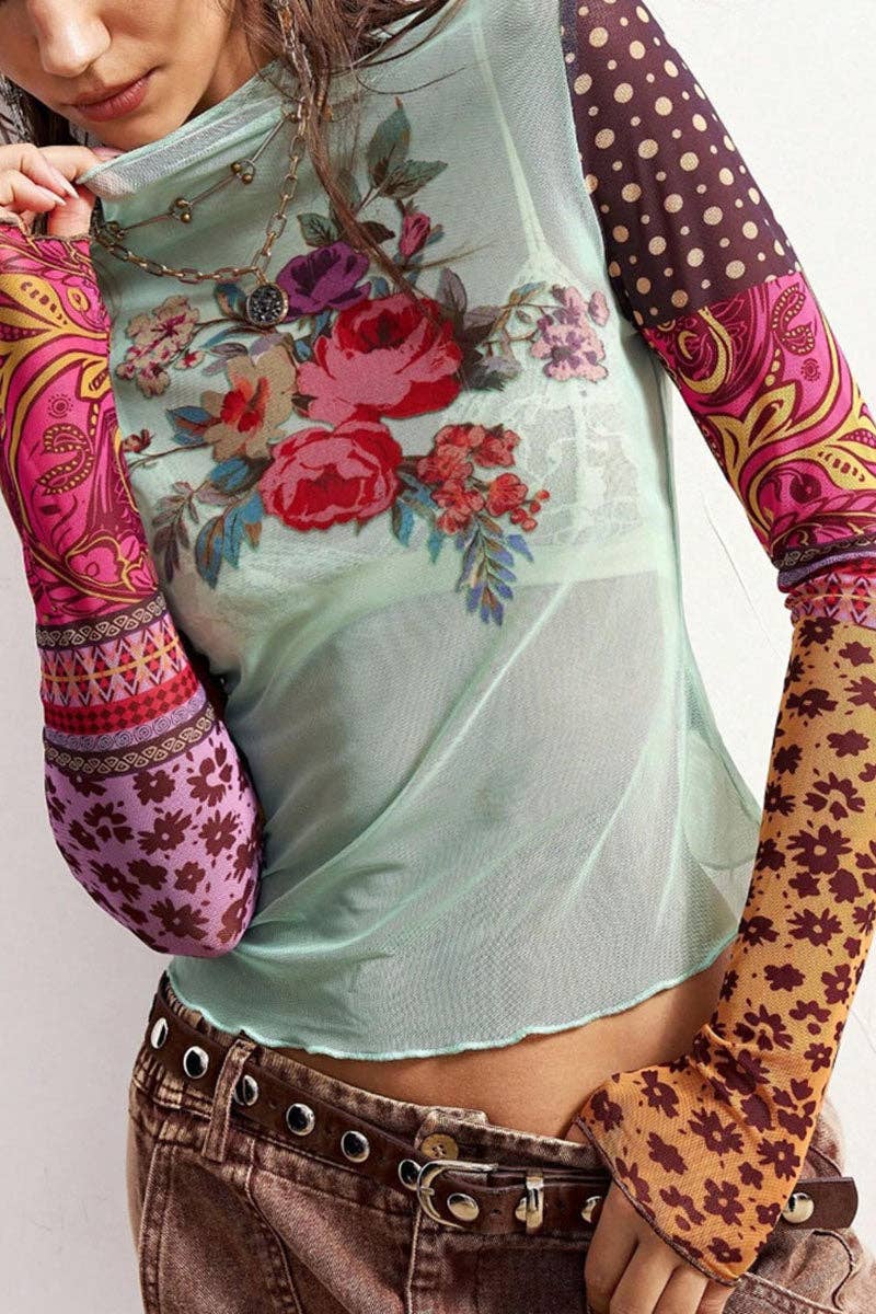 Floral Mixed Pattern Sleeve Top: GREEN / S