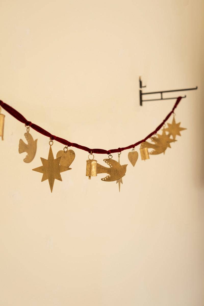 CHRISTMAS CHARM GARLAND WITH MAROON VELVET RIBBON: Multi / Velvet/Metal / 64" long