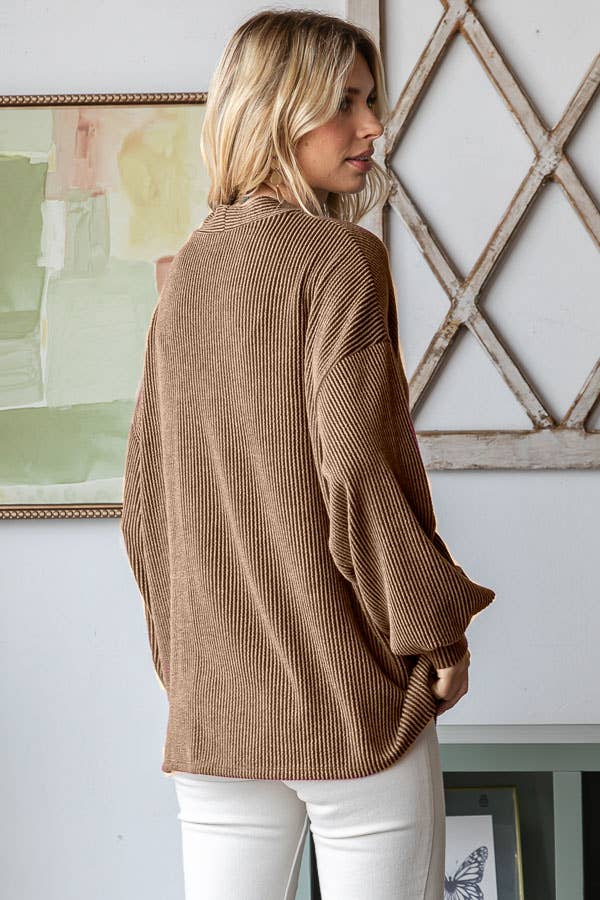 Solid Rib Drop Shoulder Button Balloon Sleeve Cardigan