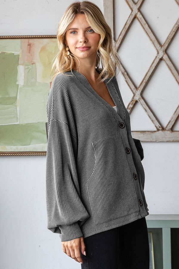Solid Rib Drop Shoulder Button Balloon Sleeve Cardigan