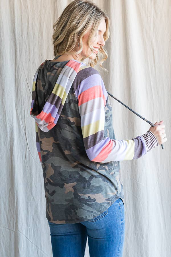 Camo Print Stripe Raglan Sleeve Hoodie