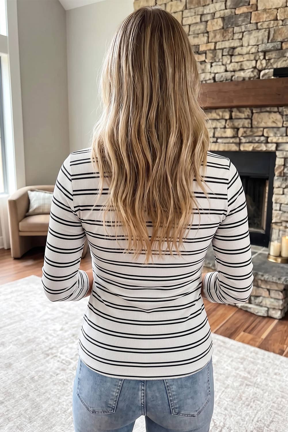 Stripe Ribbed Knit Round Neck Top: Beige