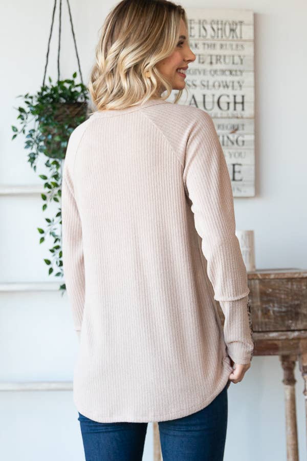 Solid Rib Button Detail Cuff Long Sleeve