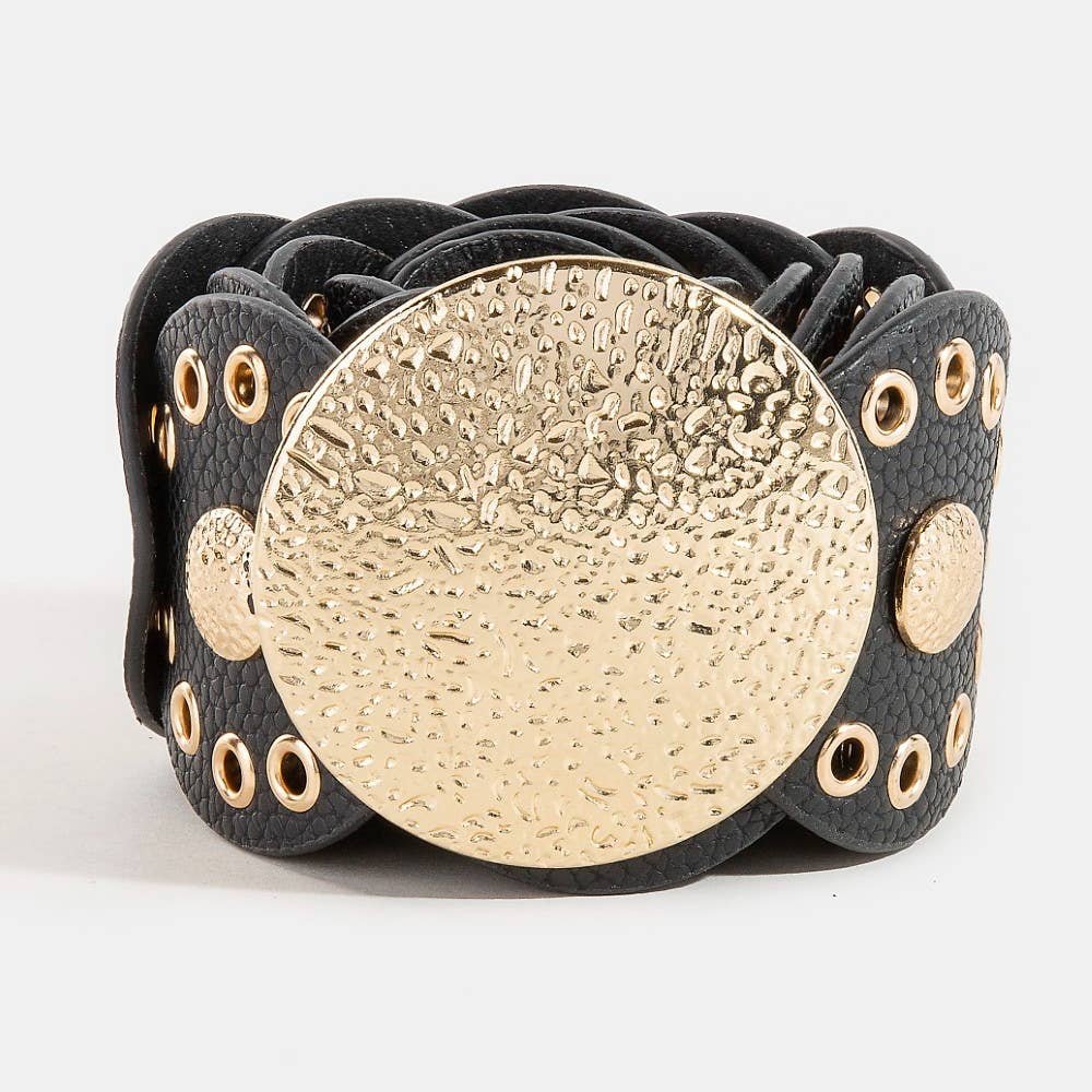Hammered Disc Accent Panel Link Vegan Leather Belt
