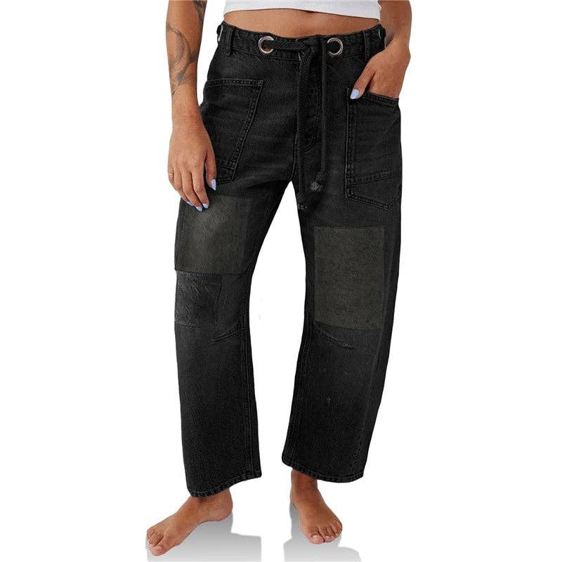 Loose Straight Drawstring Patchwork Jeans