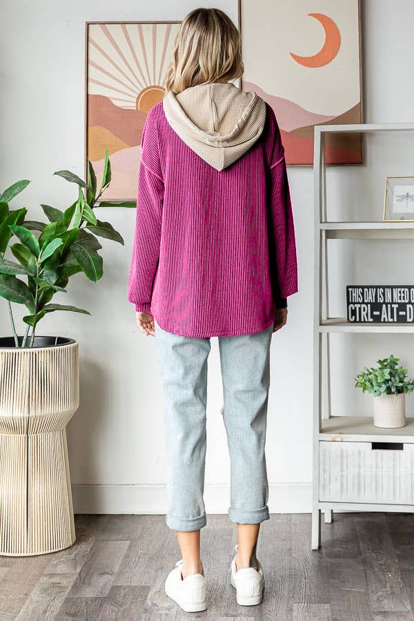 Ribbed Balloon Sleeve Button Front Drawstring Hoodie