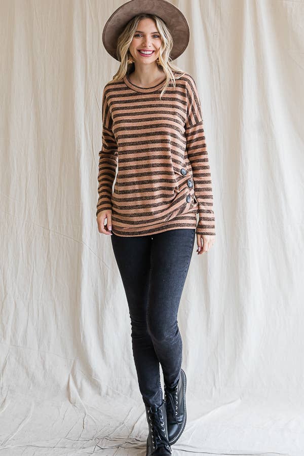 Stripe Drop Shoulder Button Long Sleeve