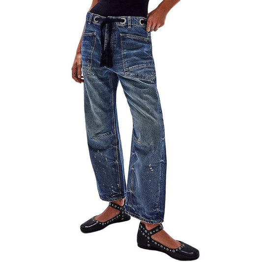 Loose Straight Drawstring Patchwork Jeans