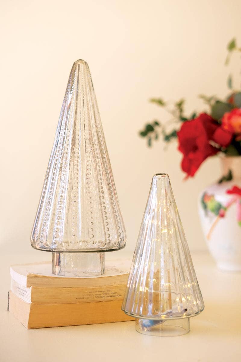 SET OF TWO GLASS CHRISTMAS TREES - CLEAR: Clear / Glass / Large: 7"d x 14.5"t; 
Small: 5"d x 9.5"t