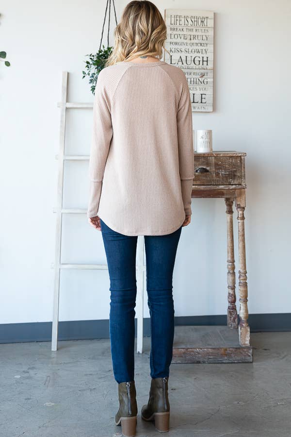 Solid Rib Button Detail Cuff Long Sleeve