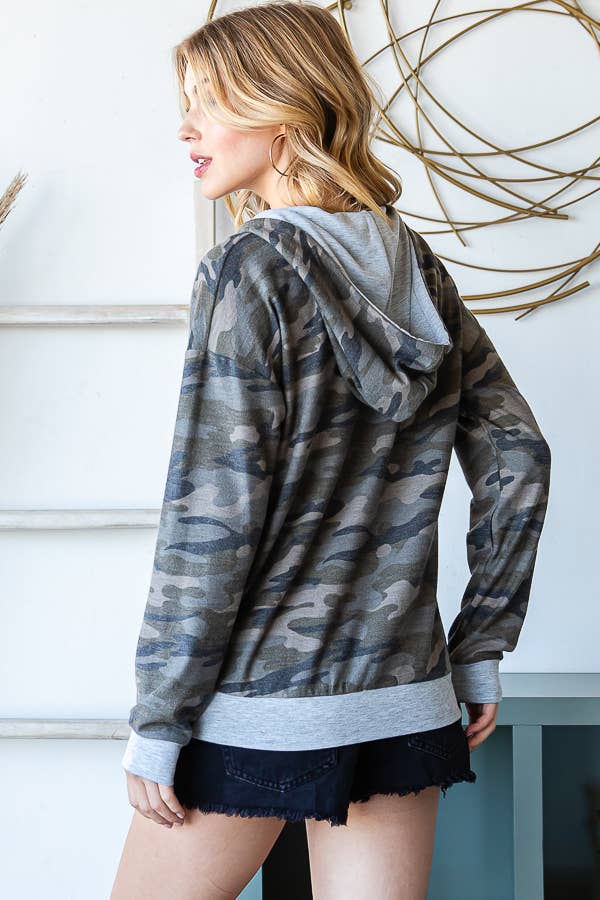 Camo Print Solid Contrast Zip Up Hoodie