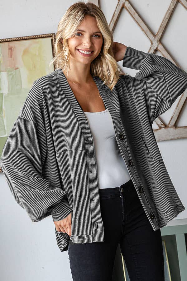Solid Rib Drop Shoulder Button Balloon Sleeve Cardigan
