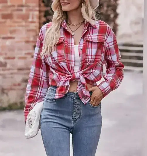 Oversized Loose Plaid Shirt: Red