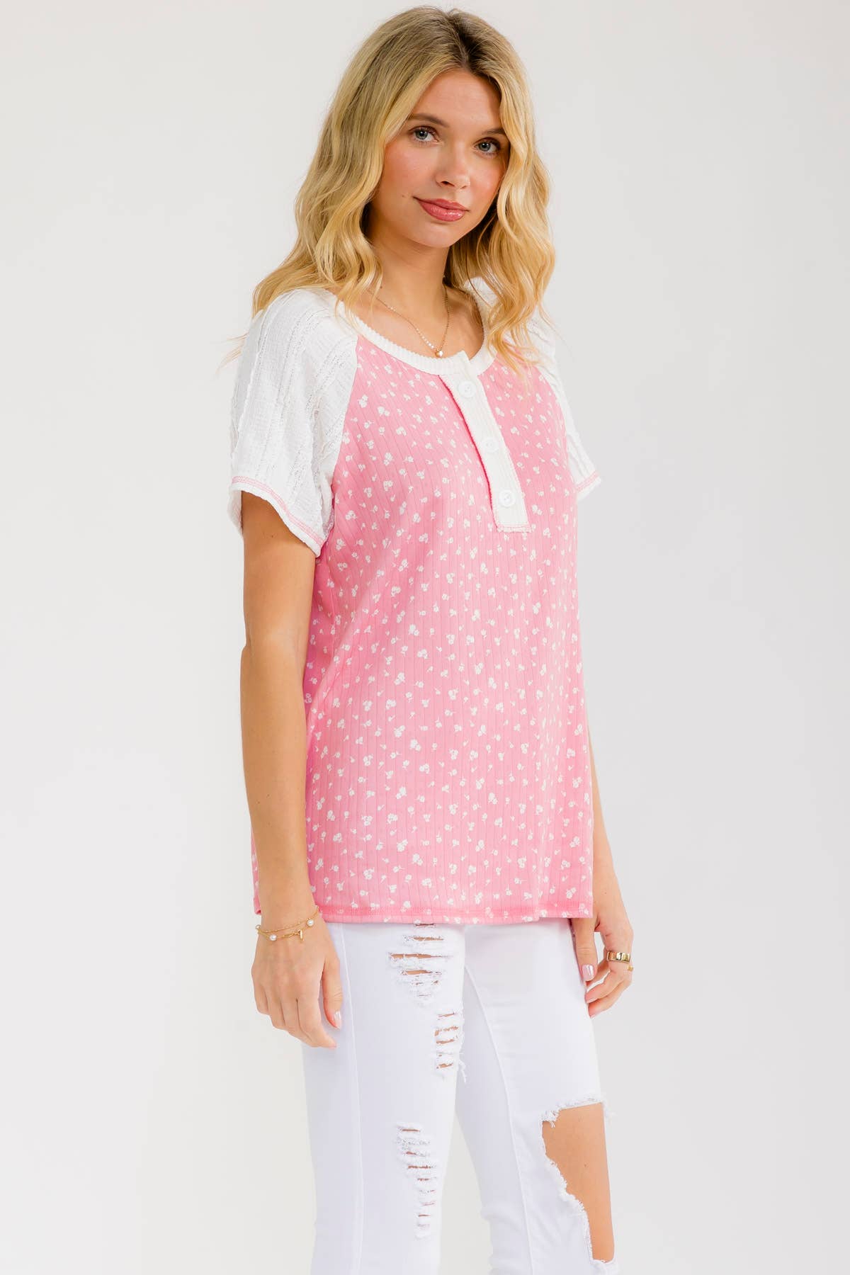Floral Contrast Sleeve Henley
