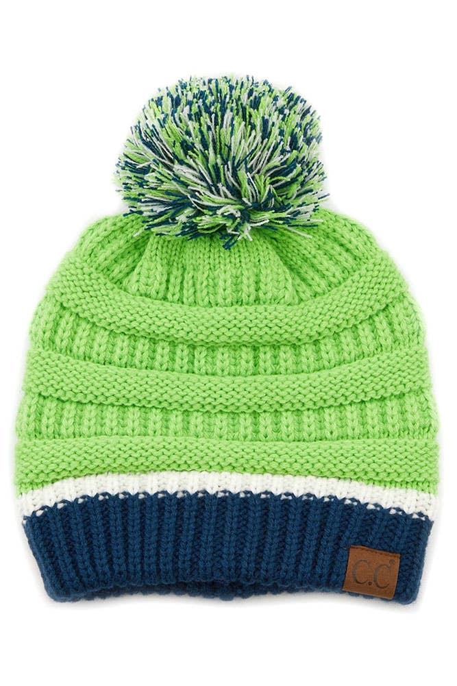 C.C Team Color Ribbed Beanie with Pom Winter Hat: 7.red/white