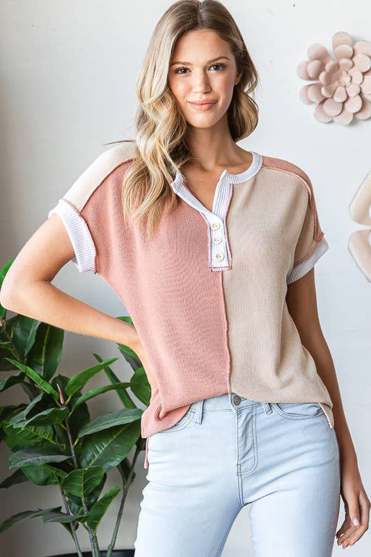 Ribbed Color Block Button  Top