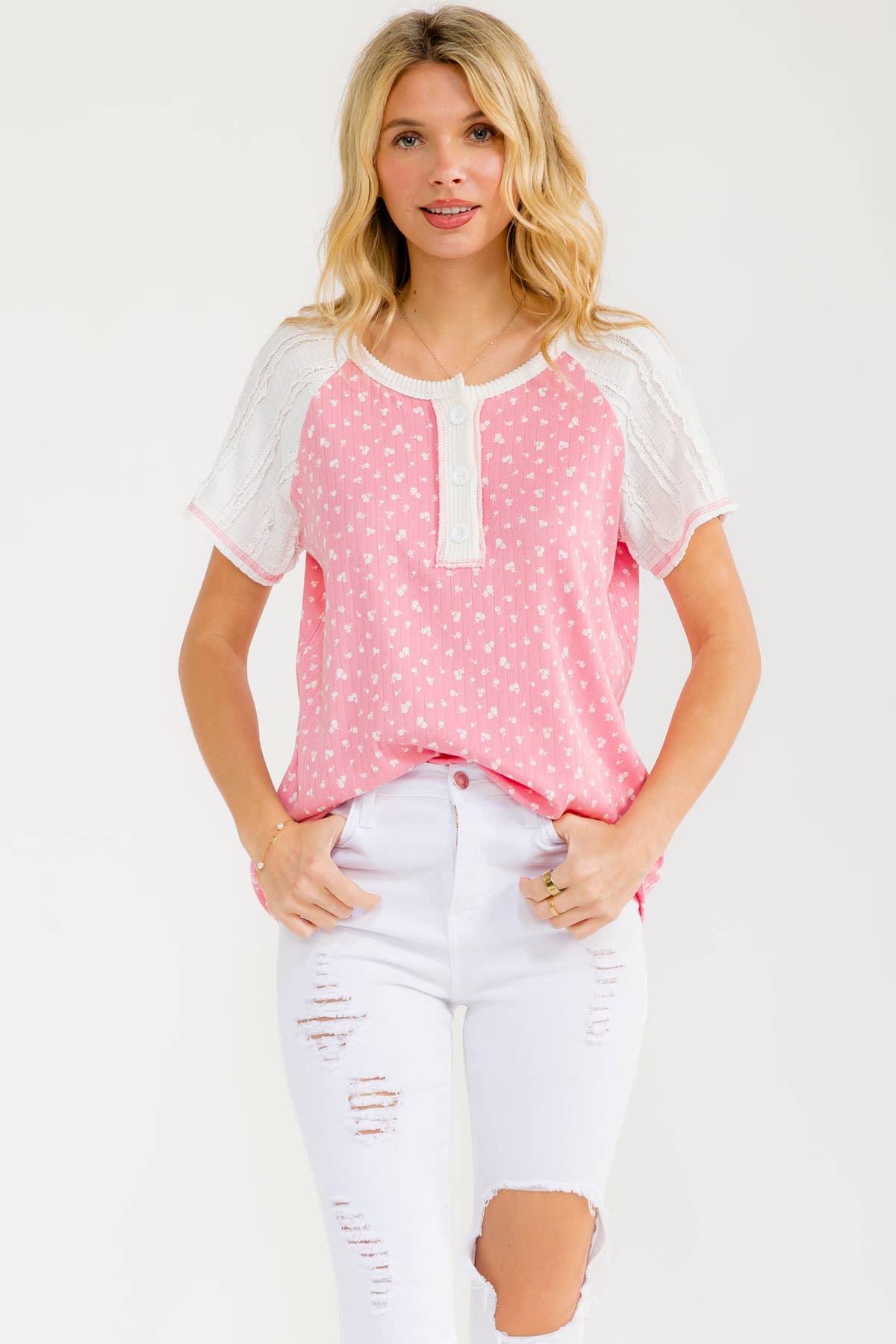 Floral Contrast Sleeve Henley