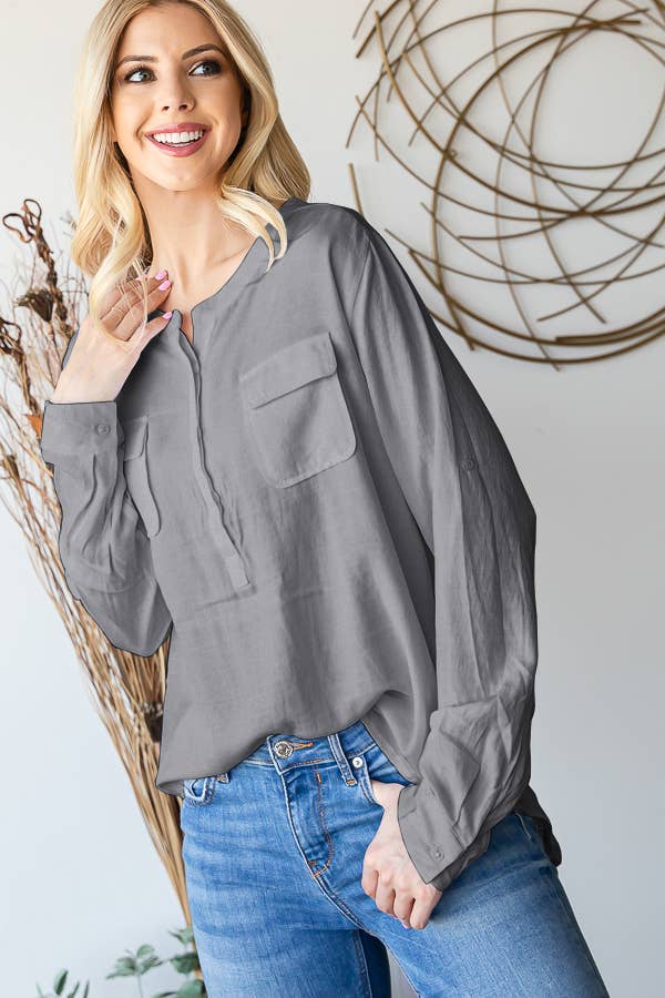 LS ROUND NECK BUTTON DOWN BLOUSE: BLUE