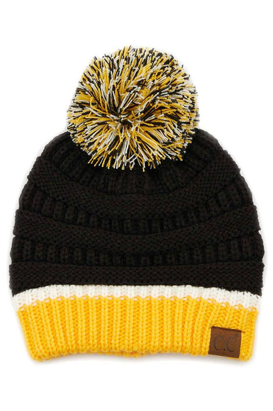 C.C Team Color Ribbed Beanie with Pom Winter Hat: 9.black/Gold