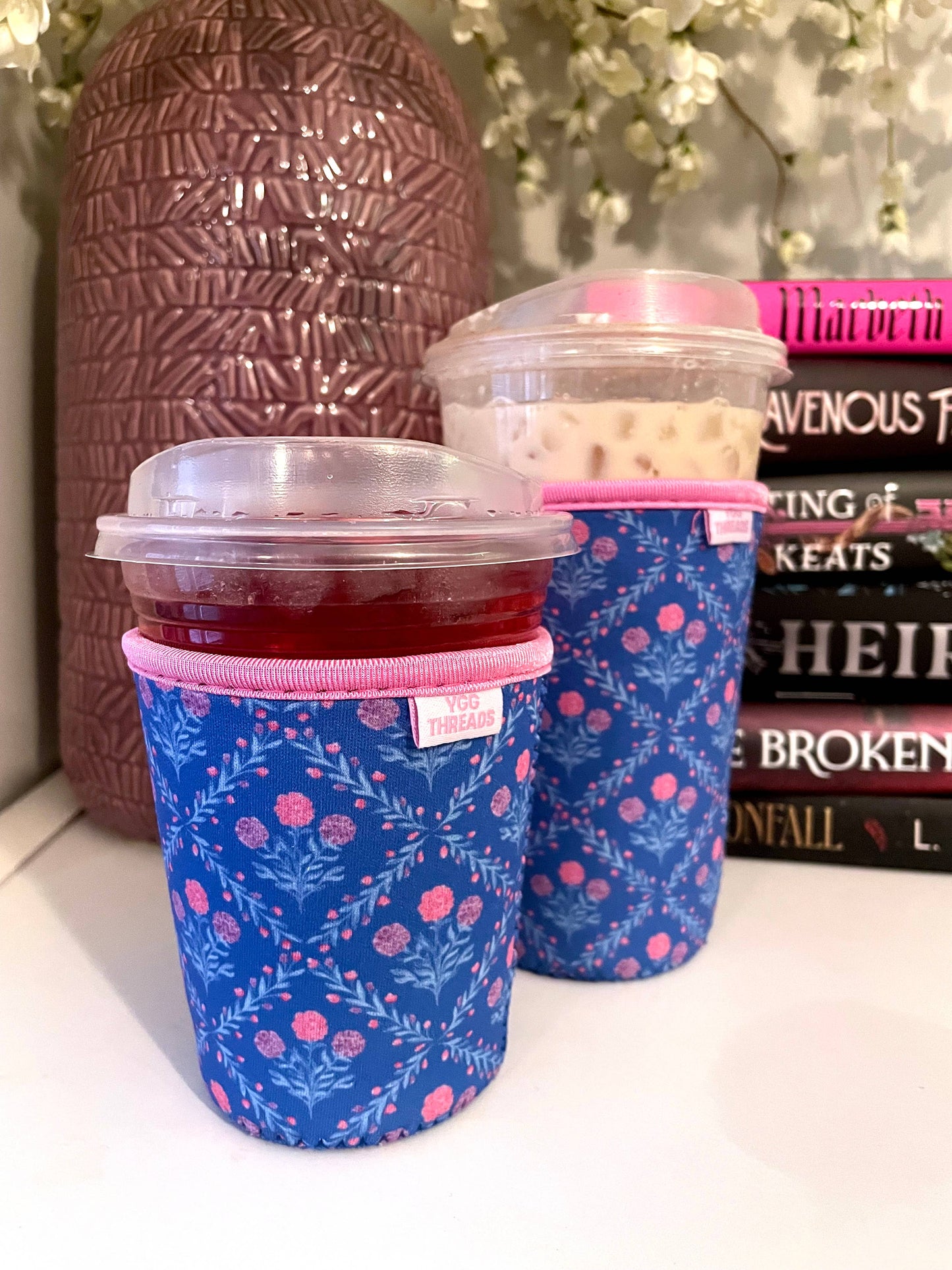 Blue Floral Trellis Iced Coffee Drink Sleeve- Medium