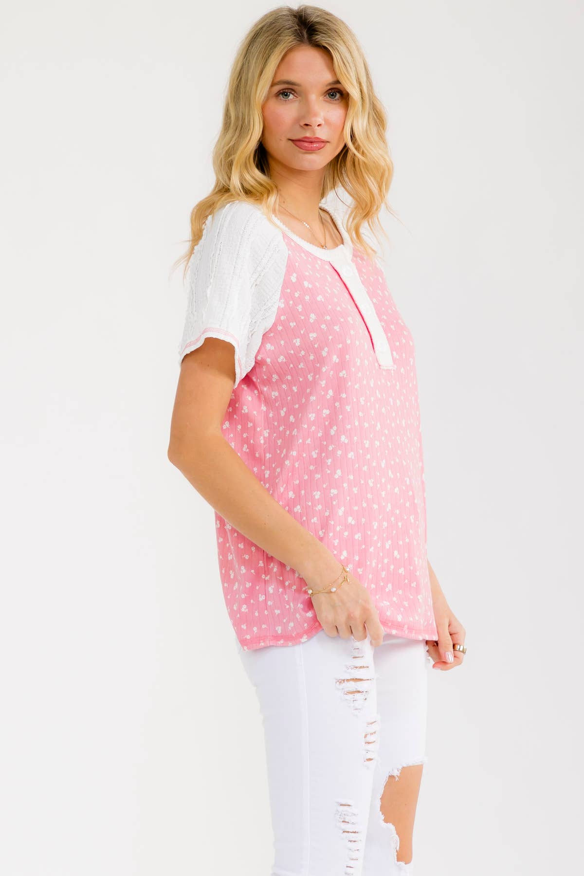 Floral Contrast Sleeve Henley