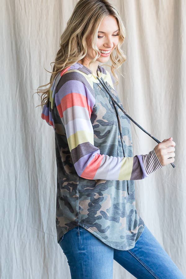 Camo Print Stripe Raglan Sleeve Hoodie