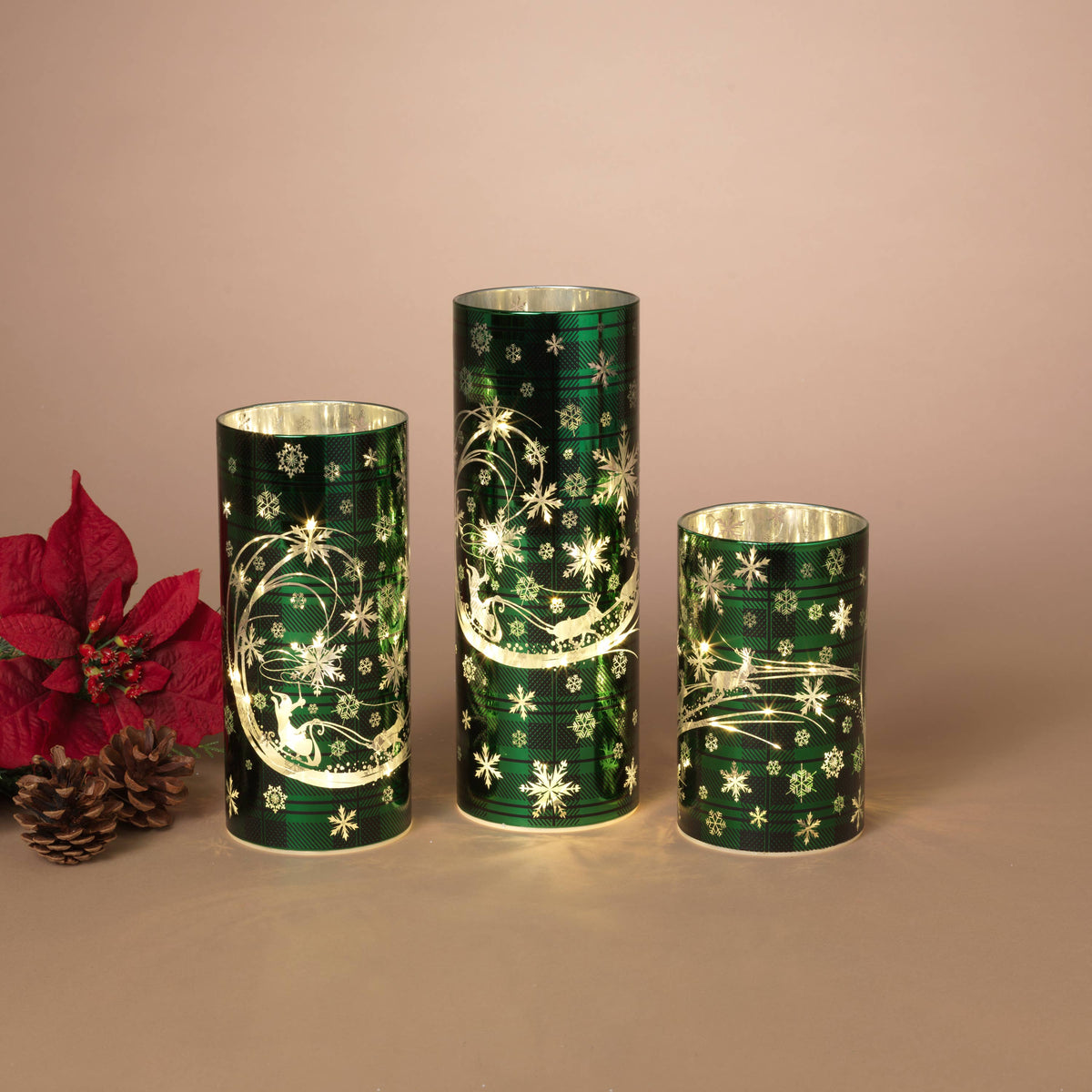 SET Lighted Glass Holiday Design Cylinder Luminaries w/ Timer