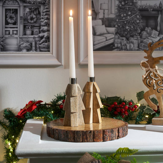 Tree Natural Wooden Taper Candle Holder 6x3x3