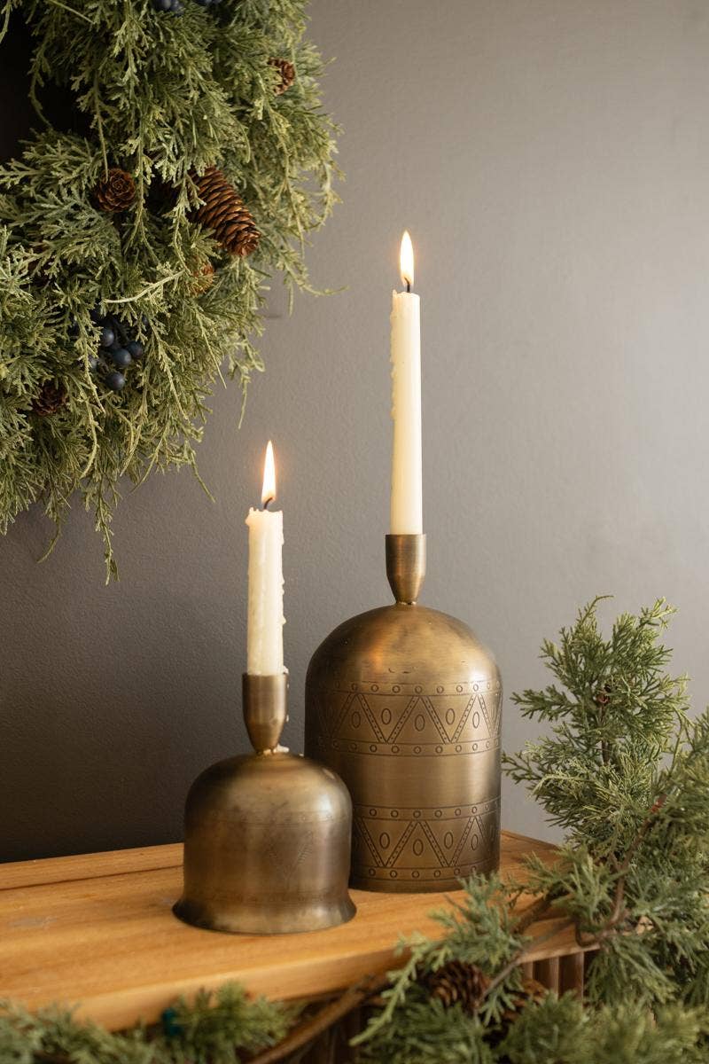 SET OF TWO ANTIQUE BRASS BELL TAPER CANDLE HOLDERS: Gold / Iron / Large: 5"d x 9"t; 
Small: 4"d x 5.5"t