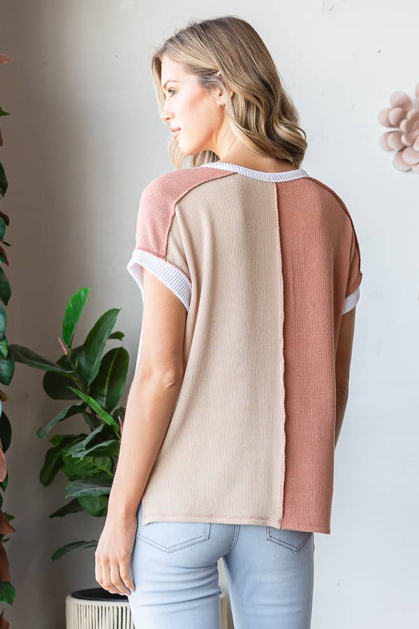 Ribbed Color Block Button  Top