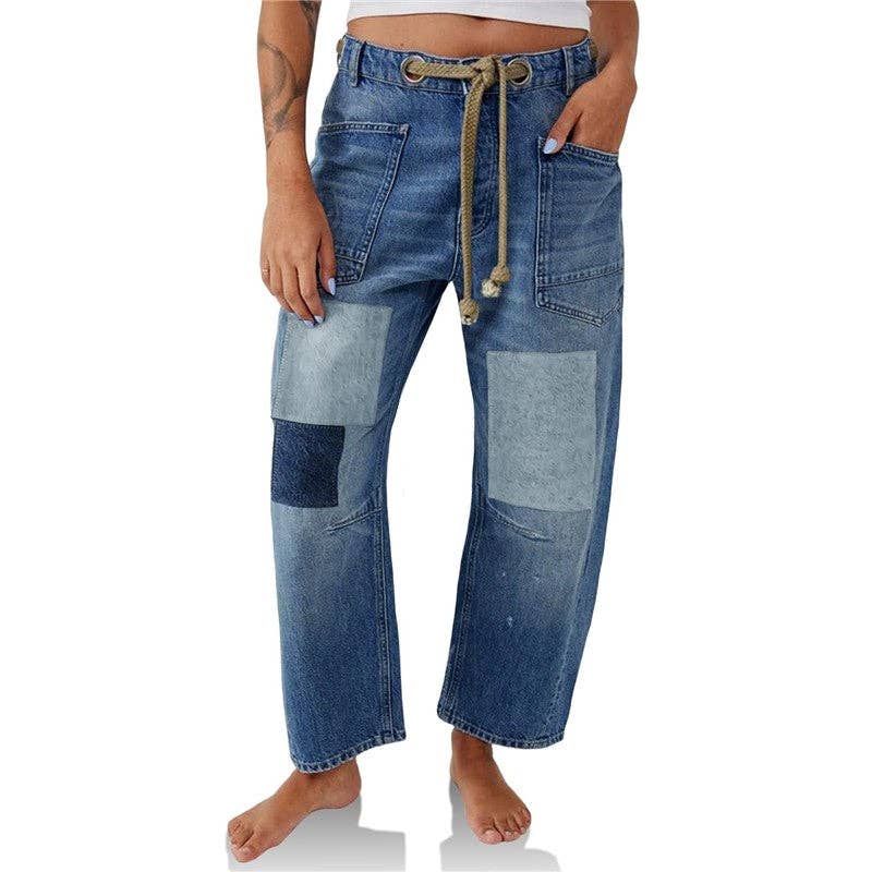 Loose Straight Drawstring Patchwork Jeans