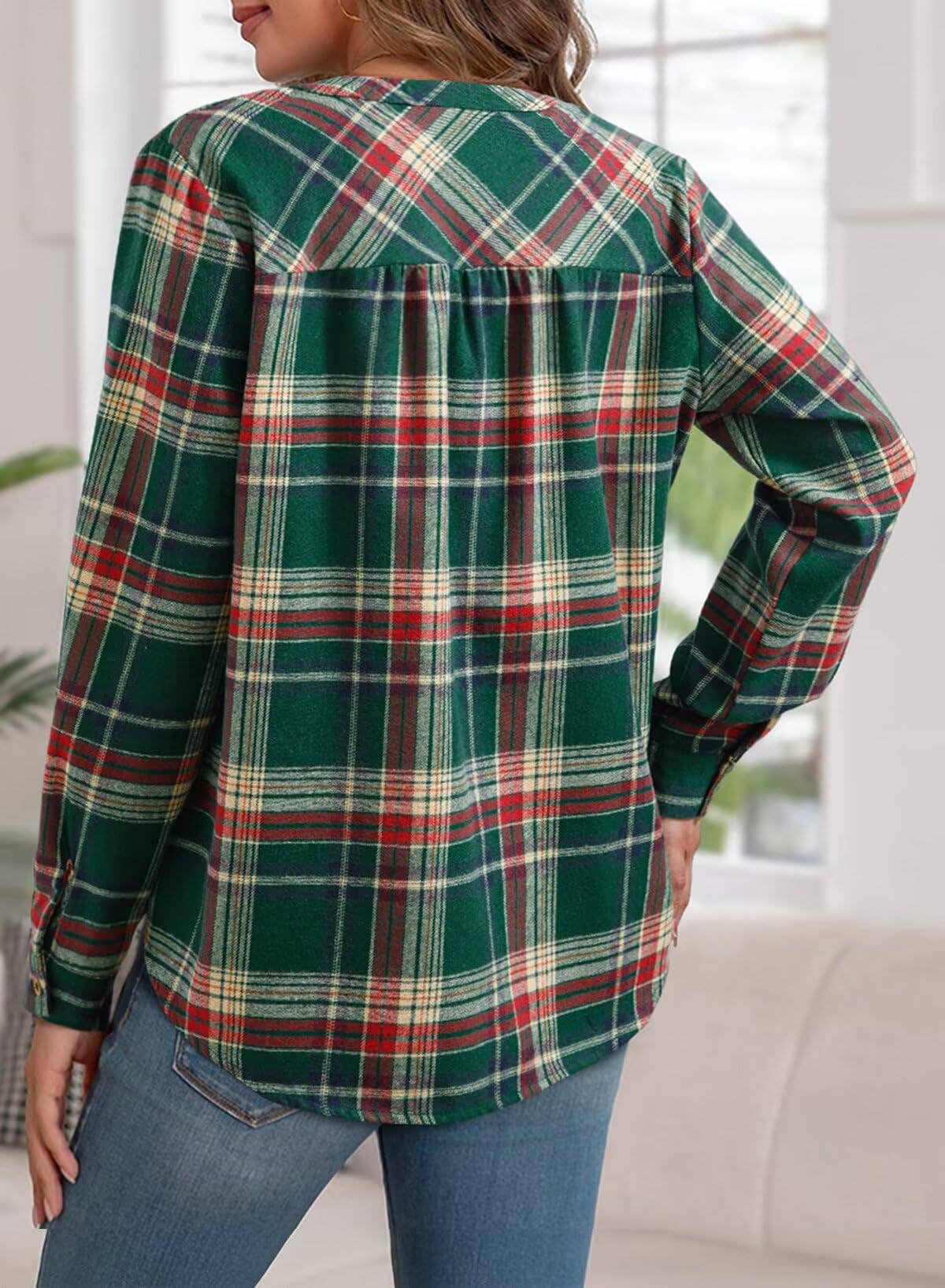 Christmas Holiday V-Neck Checker Plaid Blouse