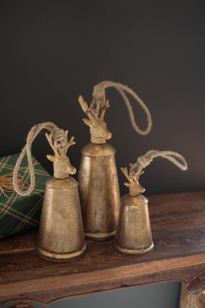 ANTIQUE GOLD METAL CHRISTMAS BELLS W DEER FINIALS